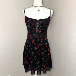 Cherry Print Mini Milkmaid Black Dress Women's Size S/M Casual Preppy